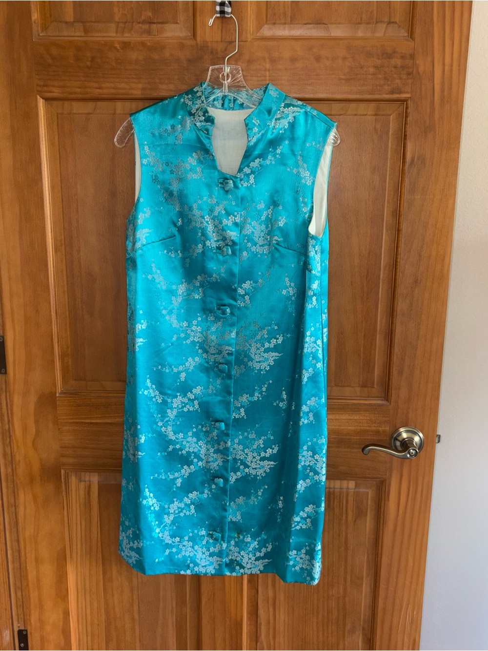 Vintage Turquoise Floral Seven Button Down Long Chinese Cheongsam Dress, Women